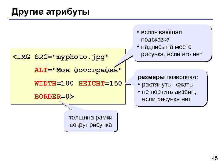 Другие атрибуты <IMG SRC="myphoto. jpg" ALT="Моя фотография" WIDTH=100 HEIGHT=150 BORDER=0> • всплывающая подсказка •
