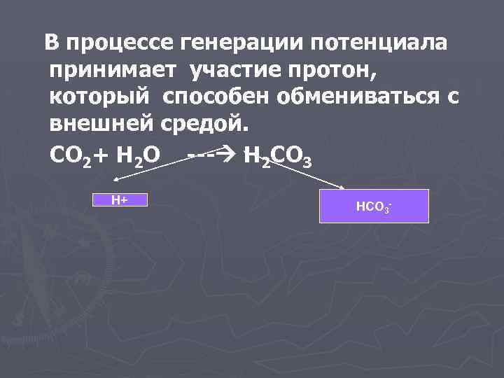 В процессе генерации потенциала принимает участие протон, который способен обмениваться с внешней средой. СО