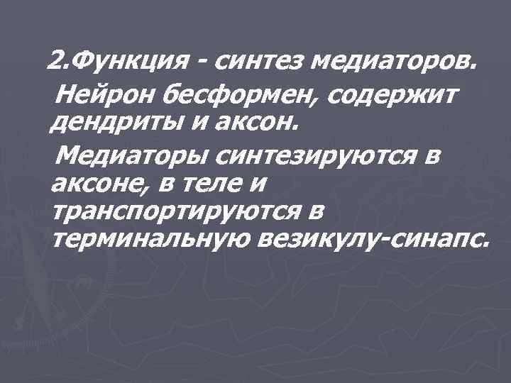 2. Функция - синтез медиаторов. Нейрон бесформен, содержит дендриты и аксон. Медиаторы синтезируются в
