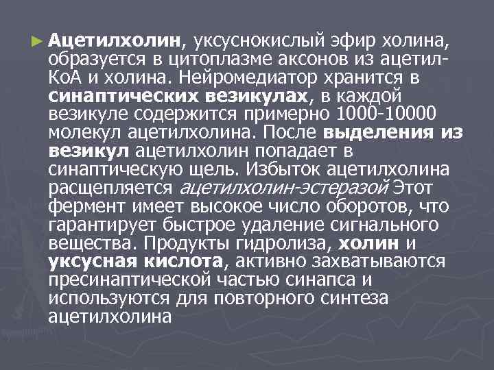 ► Ацетилхолин, уксуснокислый эфир холина, образуется в цитоплазме аксонов из ацетил. Ко. А и