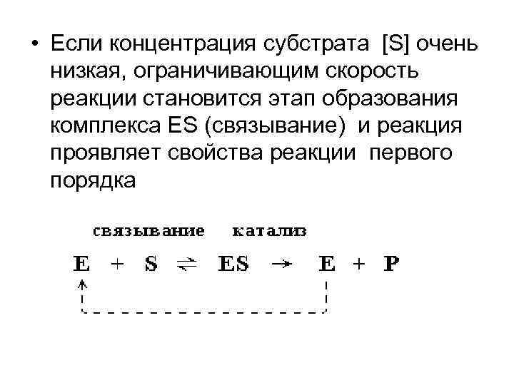  • Если концентрация субстрата [S] очень низкая, ограничивающим скорость реакции становится этап образования