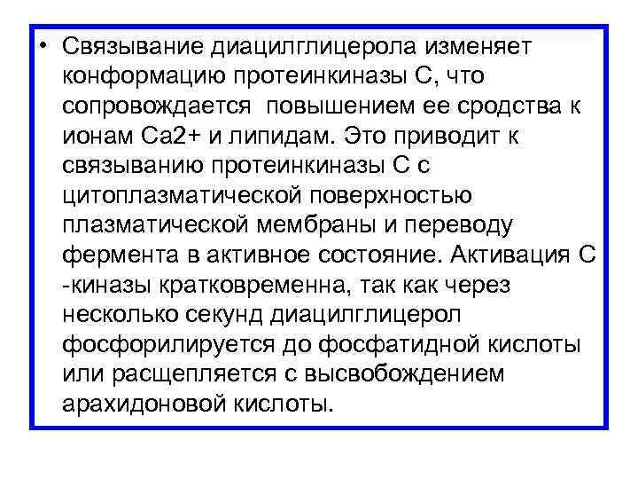  • Связывание диацилглицерола изменяет конформацию протеинкиназы С, что сопровождается повышением ее сродства к