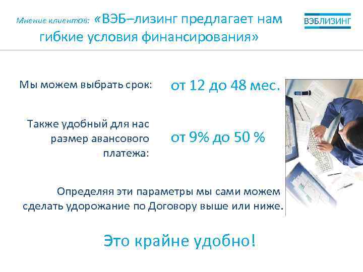  «ВЭБ–лизинг предлагает нам гибкие условия финансирования» Мнение клиентов: Мы можем выбрать срок: Также