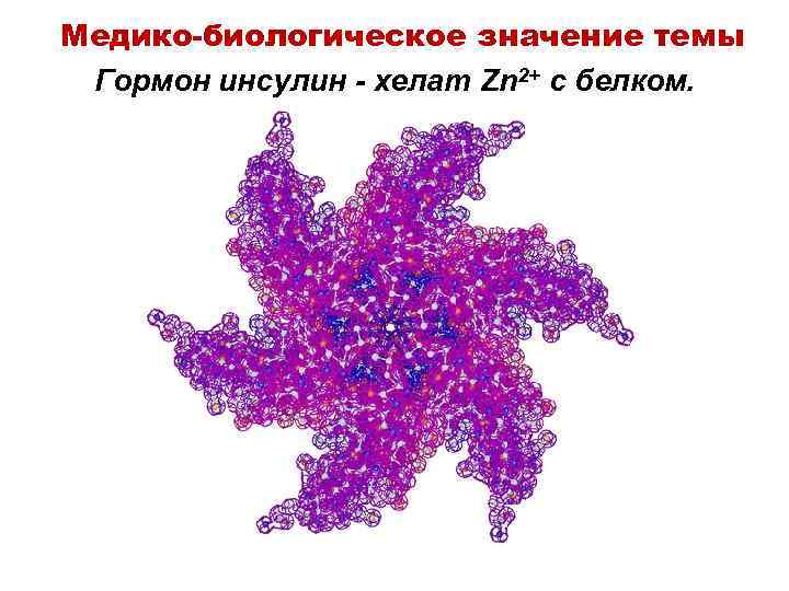 Медико-биологическое значение темы Гормон инсулин - хелат Zn 2+ c белком. 
