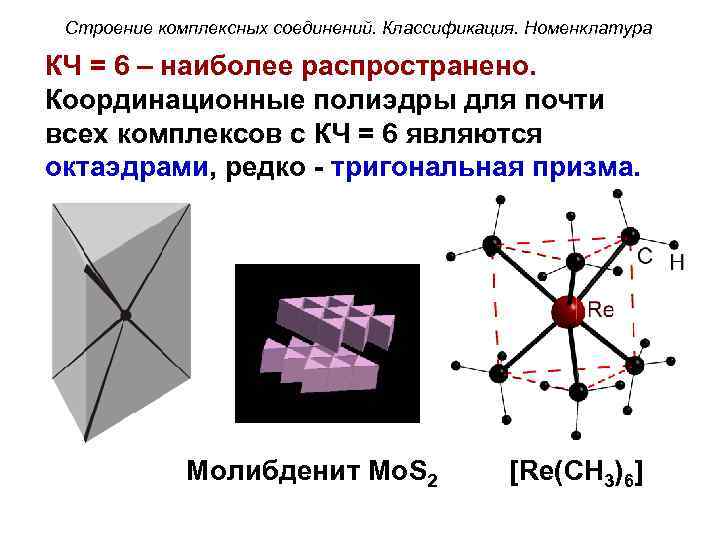 Строение комплексных соединений. Классификация. Номенклатура КЧ = 6 – наиболее распространено. Координационные полиэдры для