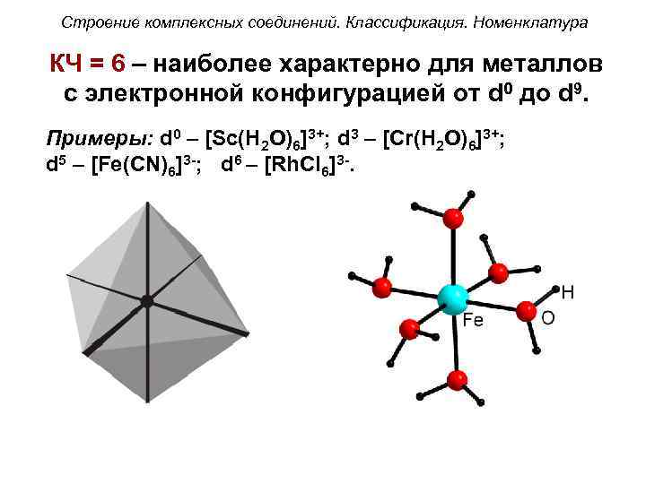 Строение комплексных соединений. Классификация. Номенклатура КЧ = 6 – наиболее характерно для металлов с