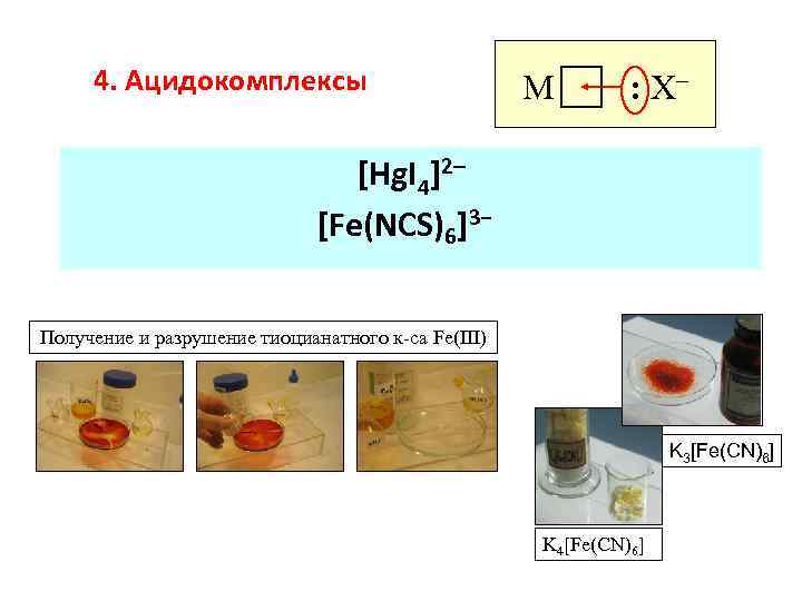 4. Ацидокомплексы M : Х– [Hg. I 4]2– [Fe(NCS)6]3− Получение и разрушение тиоцианатного к-са