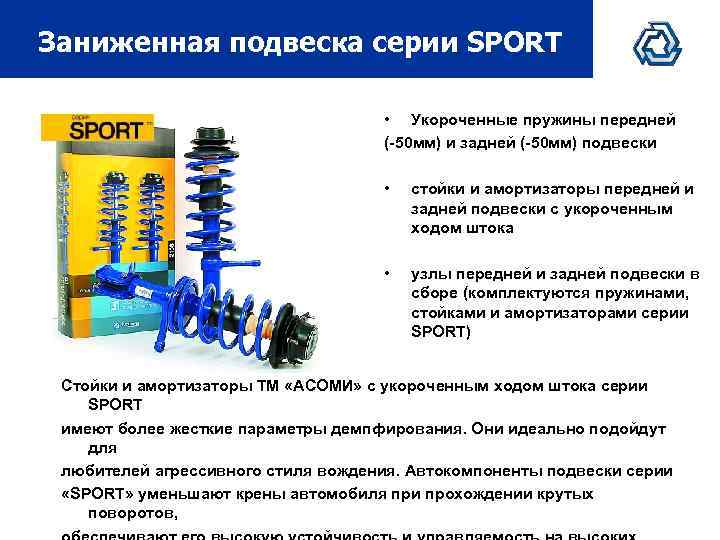 Заниженная подвеска серии SPORT • Укороченные пружины передней (-50 мм) и задней (-50 мм)