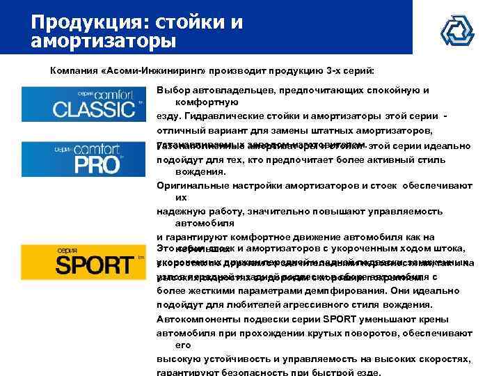Продукция: стойки и амортизаторы Компания «Асоми-Инжиниринг» производит продукцию 3 -х серий: Выбор автовладельцев, предпочитающих