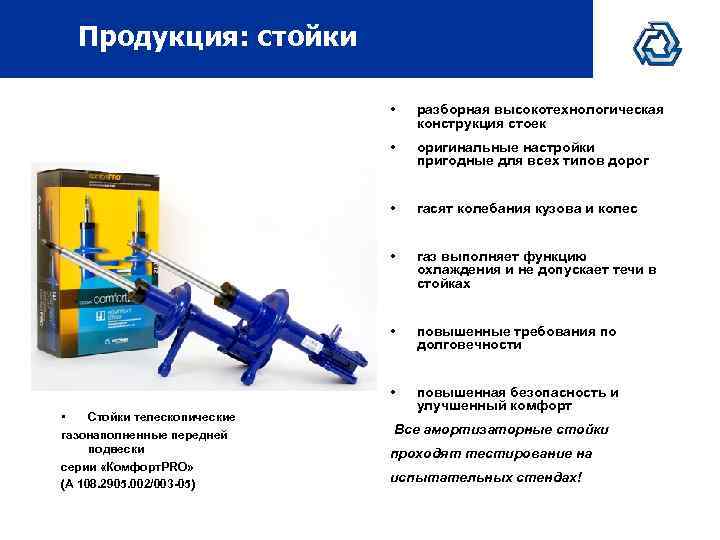 Продукция: стойки • • оригинальные настройки пригодные для всех типов дорог • гасят колебания