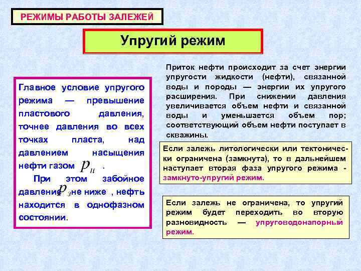 РЕЖИМЫ РАБОТЫ ЗАЛЕЖЕЙ Упругий режим Главное условие упругого режима — превышение пластового давления, точнее