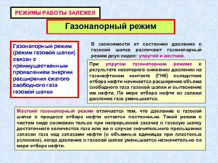 РЕЖИМЫ РАБОТЫ ЗАЛЕЖЕЙ Газонапорный режим (режим газовой шапки) связан с преимущественным проявлением энергии расширения