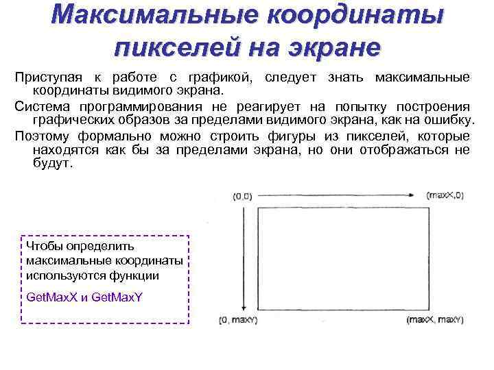 Максимальные координаты пикселей на экране Приступая к работе с графикой, следует знать максимальные координаты