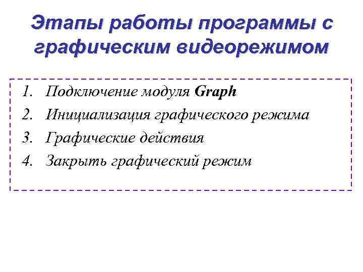 Этапы работы программы с графическим видеорежимом 1. 2. 3. 4. Подключение модуля Graph Инициализация
