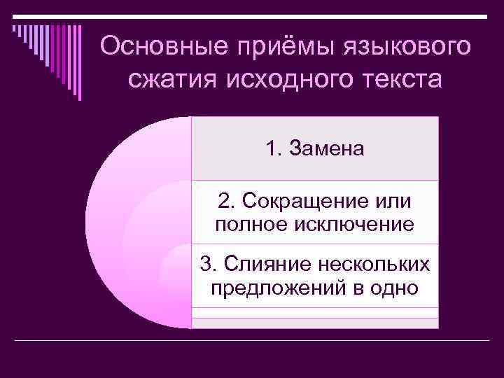 Основные приёмы языкового сжатия исходного текста 1. Замена 2. Сокращение или полное исключение 3.