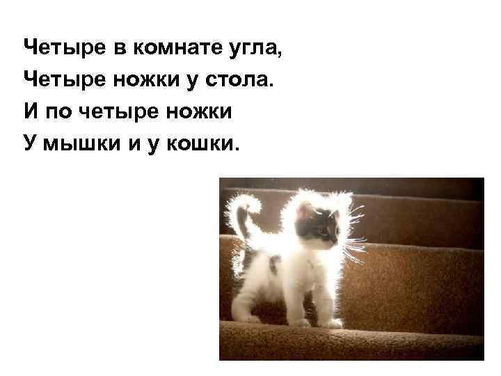 Четыре в комнате угла, Четыре ножки у стола. И по четыре ножки У мышки