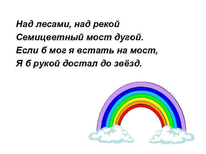 Над лесами, над рекой Семицветный мост дугой. Если б мог я встать на мост,