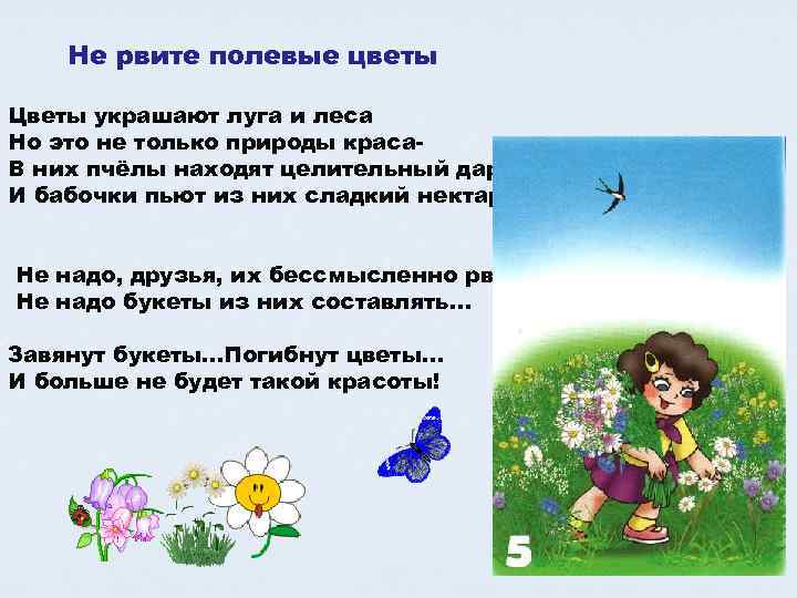 Не рвите полевые цветы Цветы украшают луга и леса Но это не только природы