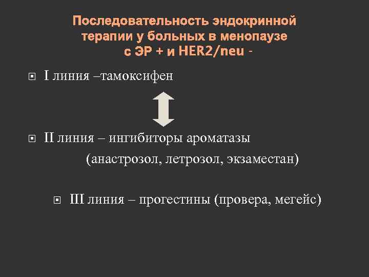 Последовательность эндокринной терапии у больных в менопаузе с ЭР + и HER 2/neu I