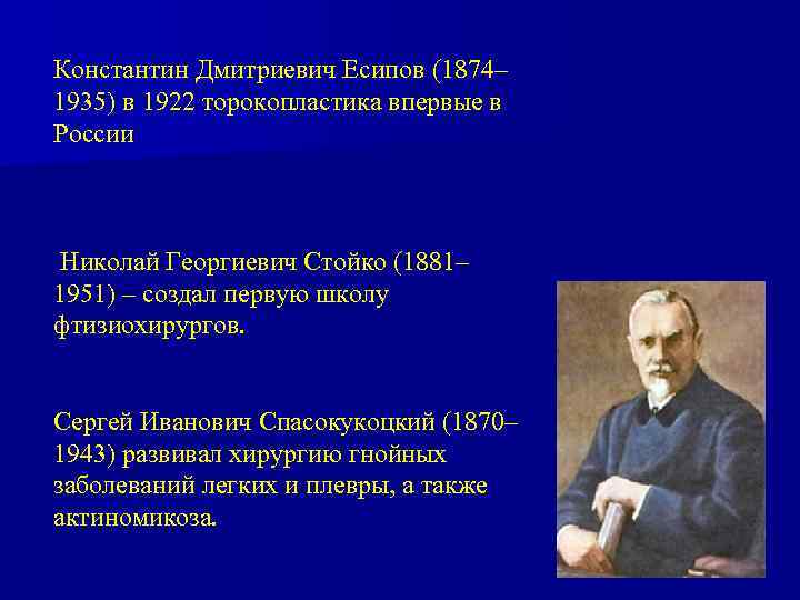 Константин Дмитриевич Есипов (1874– 1935) в 1922 торокопластика впервые в России Николай Георгиевич Стойко