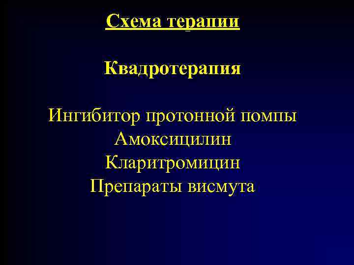 Схема терапии Квадротерапия Ингибитор протонной помпы Амоксицилин Кларитромицин Препараты висмута 