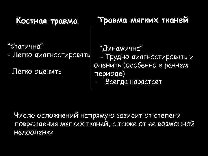 Костная травма “Статична” - Легко диагностировать - Легко оценить Травма мягких тканей “Динамична” -