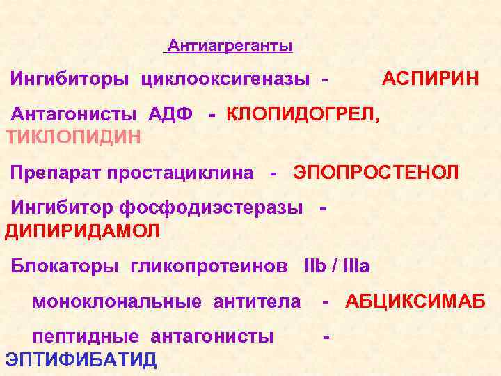 Антиагреганты Ингибиторы циклооксигеназы - АСПИРИН Антагонисты АДФ - КЛОПИДОГРЕЛ, ТИКЛОПИДИН Препарат простациклина - ЭПОПРОСТЕНОЛ