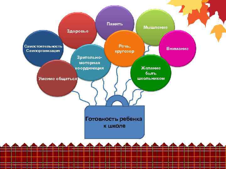 Память Мышление Здоровье Речь, кругозор Самостоятельность Самоорганизация Зрительномоторная координация Умение общаться Внимание Желание быть