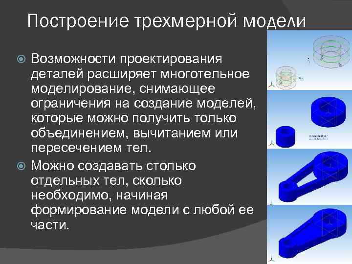 Построение трехмерной модели Возможности проектирования деталей расширяет многотельное моделирование, снимающее ограничения на создание моделей,