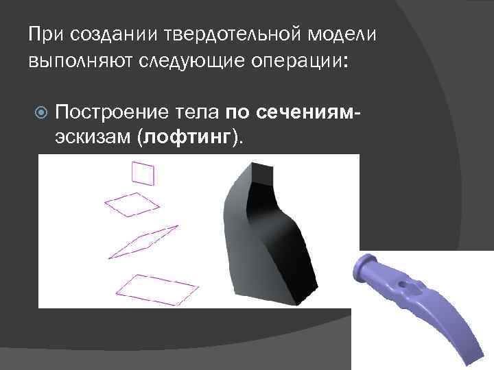 При создании твердотельной модели выполняют следующие операции: Построение тела по сечениямэскизам (лофтинг). 