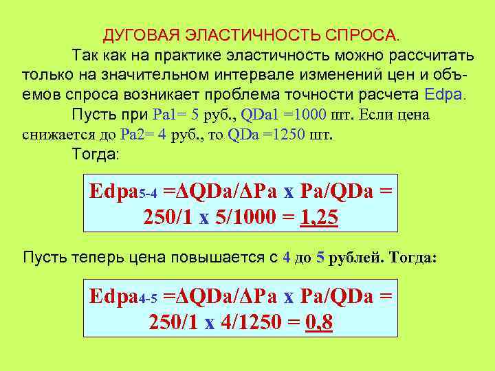 ДУГОВАЯ ЭЛАСТИЧНОСТЬ СПРОСА. Так как на практике эластичность можно рассчитать только на значительном интервале