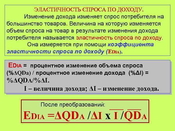 ЭЛАСТИЧНОСТЬ СПРОСА ПО ДОХОДУ. Изменение дохода изменяет спрос потребителя на большинство товаров. Величина на