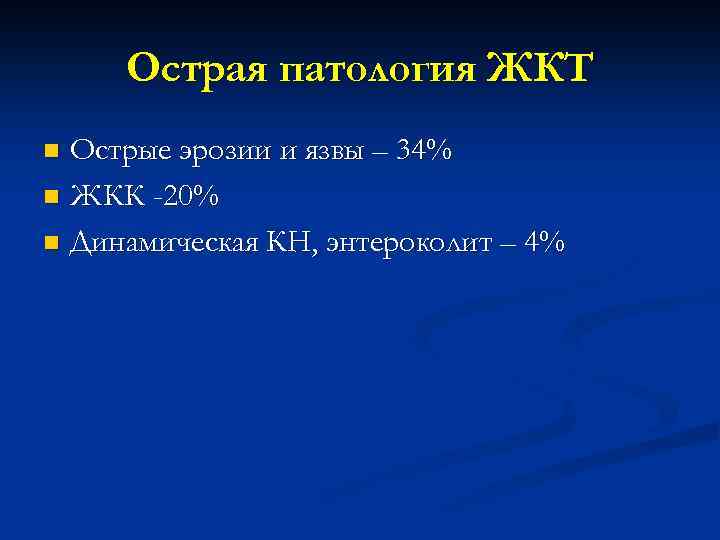 Острая патология ЖКТ Острые эрозии и язвы – 34% n ЖКК -20% n Динамическая