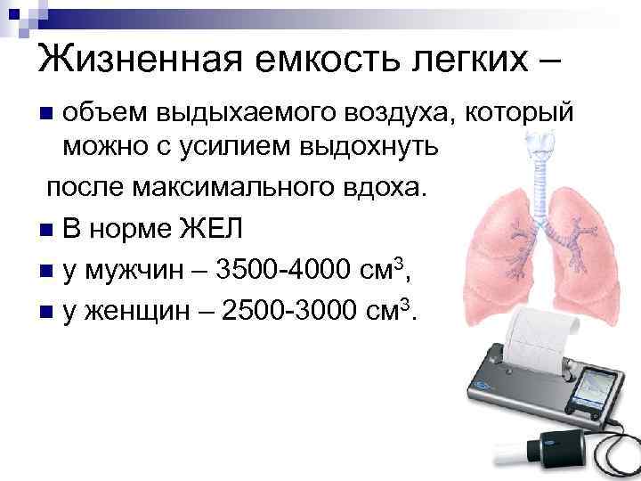 Жизненная емкость легких – объем выдыхаемого воздуха, который можно с усилием выдохнуть после максимального