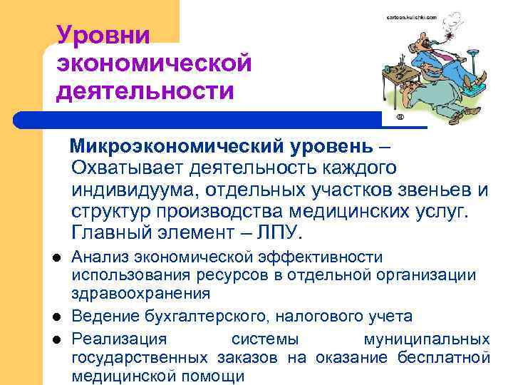 Уровни экономической деятельности Микроэкономический уровень – Охватывает деятельность каждого индивидуума, отдельных участков звеньев и