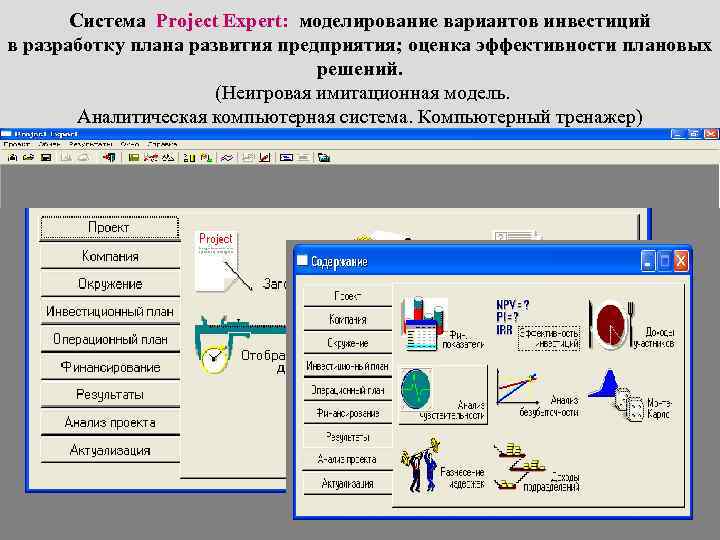 Система Project Expert: моделирование вариантов инвестиций в разработку плана развития предприятия; оценка эффективности плановых