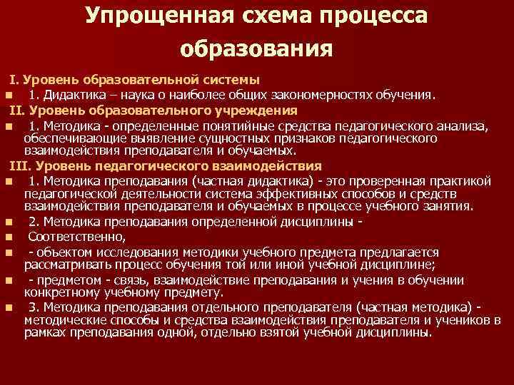 Упрощенная схема процесса образования I. Уровень образовательной системы n 1. Дидактика – наука о