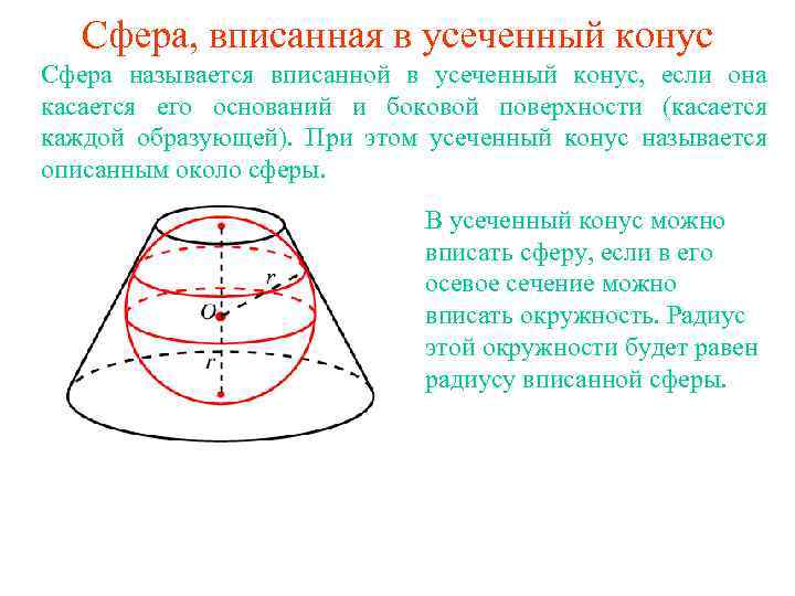 Сфера, вписанная в усеченный конус Сфера называется вписанной в усеченный конус, если она касается