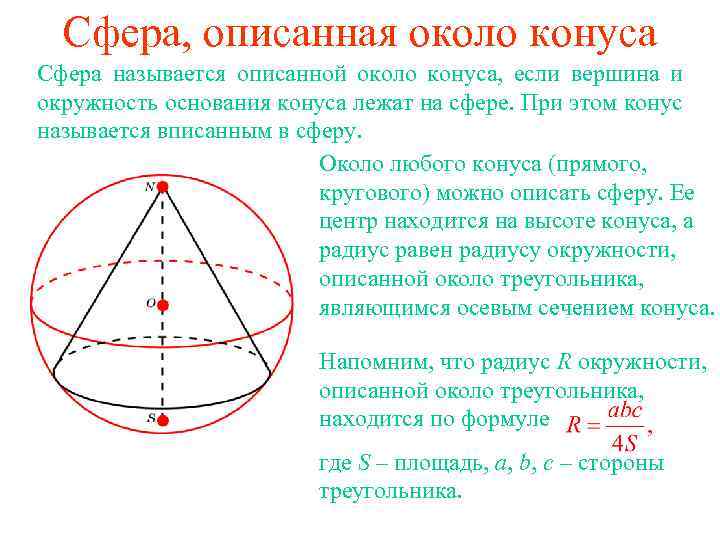 Сфера, описанная около конуса Сфера называется описанной около конуса, если вершина и окружность основания