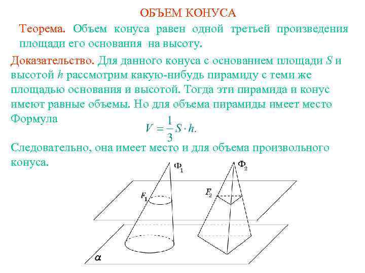 ОБЪЕМ КОНУСА Теорема. Объем конуса равен одной третьей произведения площади его основания на высоту.