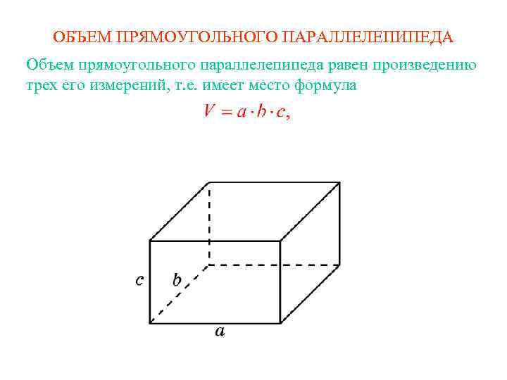 ОБЪЕМ ПРЯМОУГОЛЬНОГО ПАРАЛЛЕЛЕПИПЕДА Объем прямоугольного параллелепипеда равен произведению трех его измерений, т. е. имеет