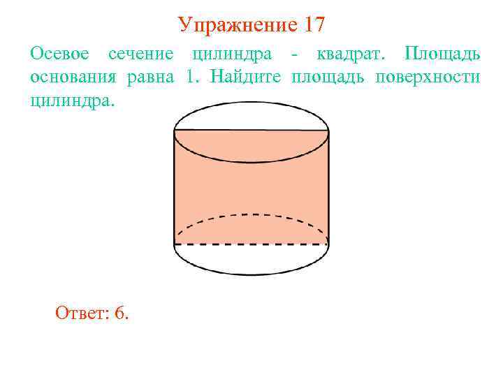 Упражнение 17 Осевое сечение цилиндра - квадрат. Площадь основания равна 1. Найдите площадь поверхности