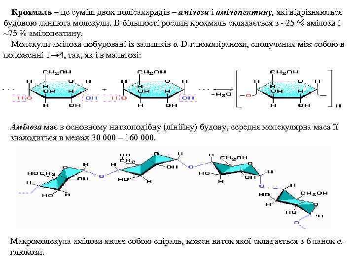 Крохмаль – це суміш двох полісахаридів – амілози і амілопектину, які відрізняються будовою ланцюга