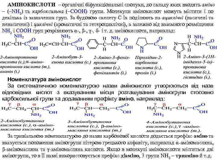 АМІНОКИСЛОТИ – органічні біфункціональні сполуки, до складу яких входять аміно – (–NH 2) та