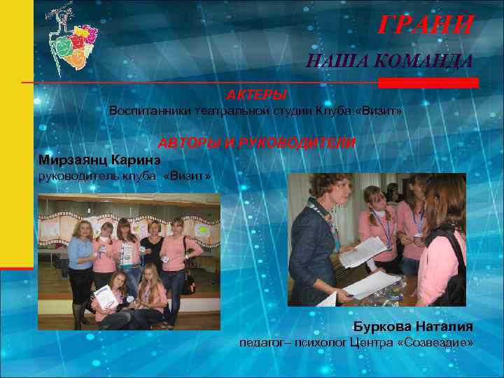 ГРАНИ НАША КОМАНДА АКТЕРЫ Воспитанники театральной студии Клуба «Визит» АВТОРЫ И РУКОВОДИТЕЛИ Мирзаянц Каринэ