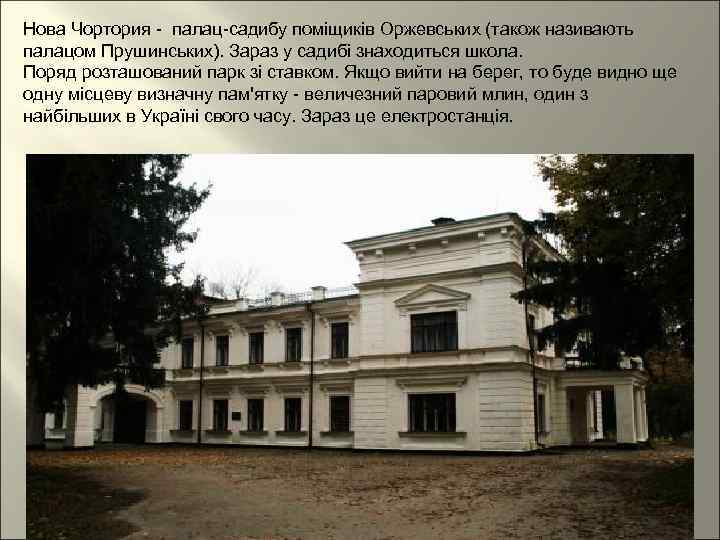 Нова Чортория - палац-садибу поміщиків Оржевських (також називають палацом Прушинських). Зараз у садибі знаходиться
