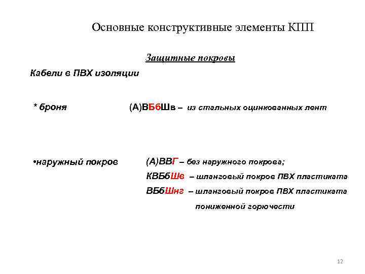Основные конструктивные элементы КПП Защитные покровы Кабели в ПВХ изоляции * броня • наружный