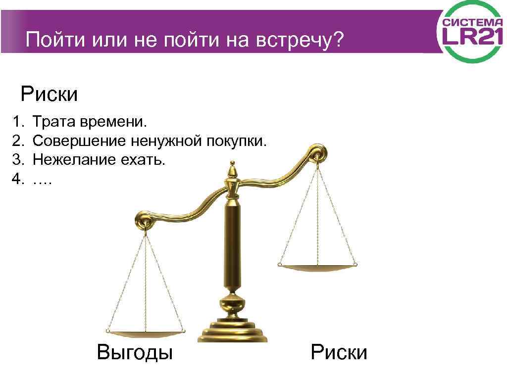 Пойти или не пойти на встречу? Риски 1. 2. 3. 4. Трата времени. Совершение