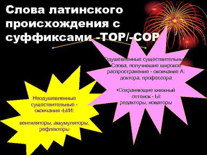 Слова латинского происхождения с суффиксами -ТОР/-СОР Одушевленные существительные: • Слова, получившие широкое распространение -