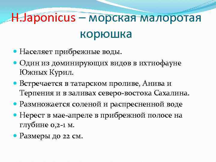 H. Japonicus – морская малоротая корюшка Населяет прибрежные воды. Один из доминирующих видов в